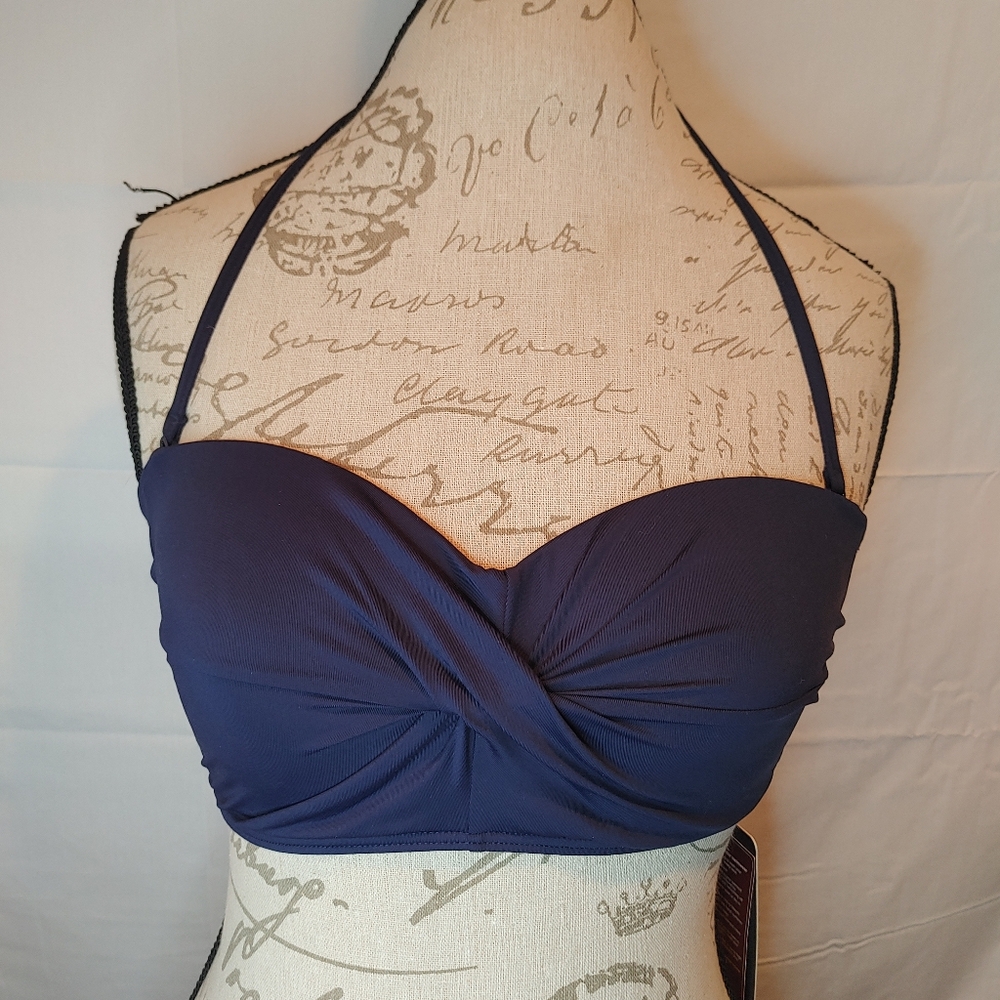 Moontide Women's Underwire Navy Bandeau Front Twist Bikini Top Size 10 NWT
